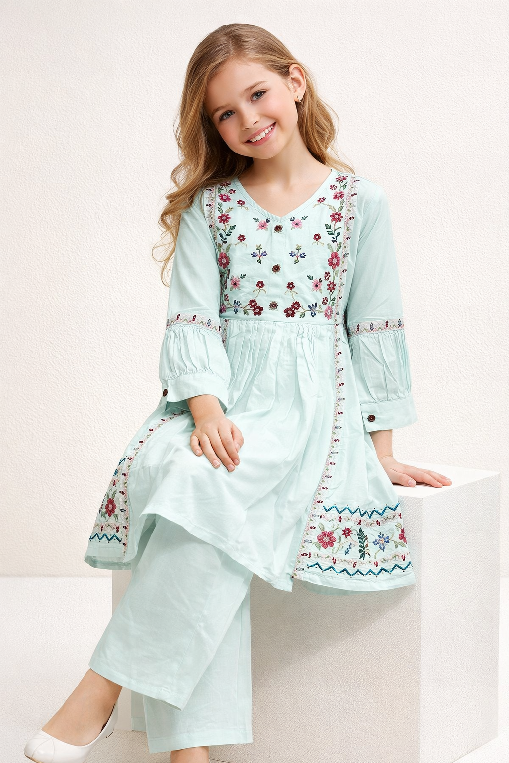 Cotton Embroidery Frock Set 1491 Green