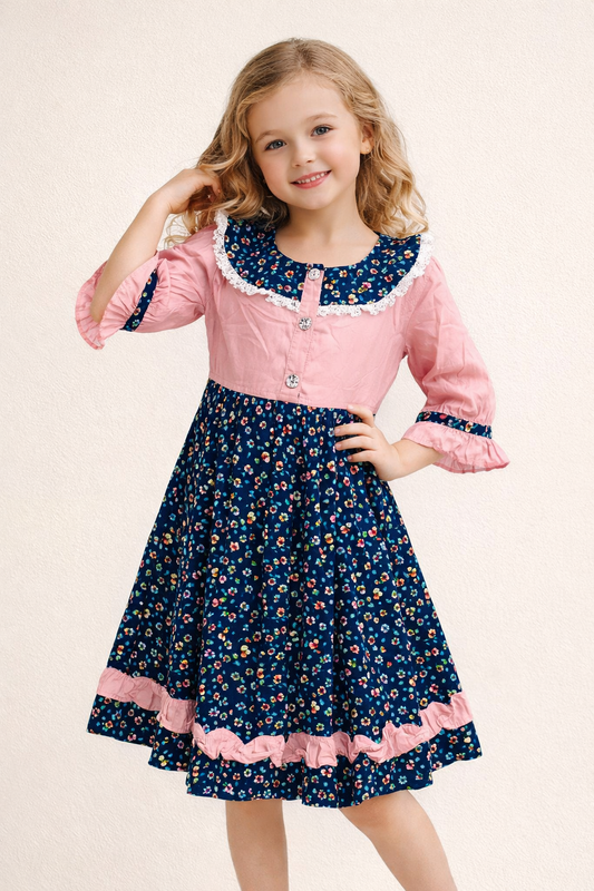Cotton Printed Frock 1135 Pink & Blue