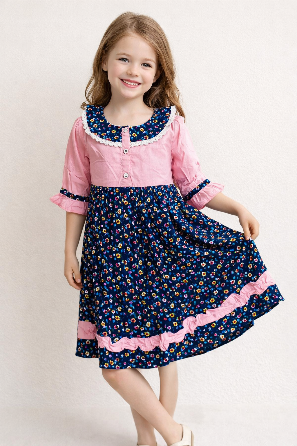 Cotton Printed Frock 1135 Pink & Blue