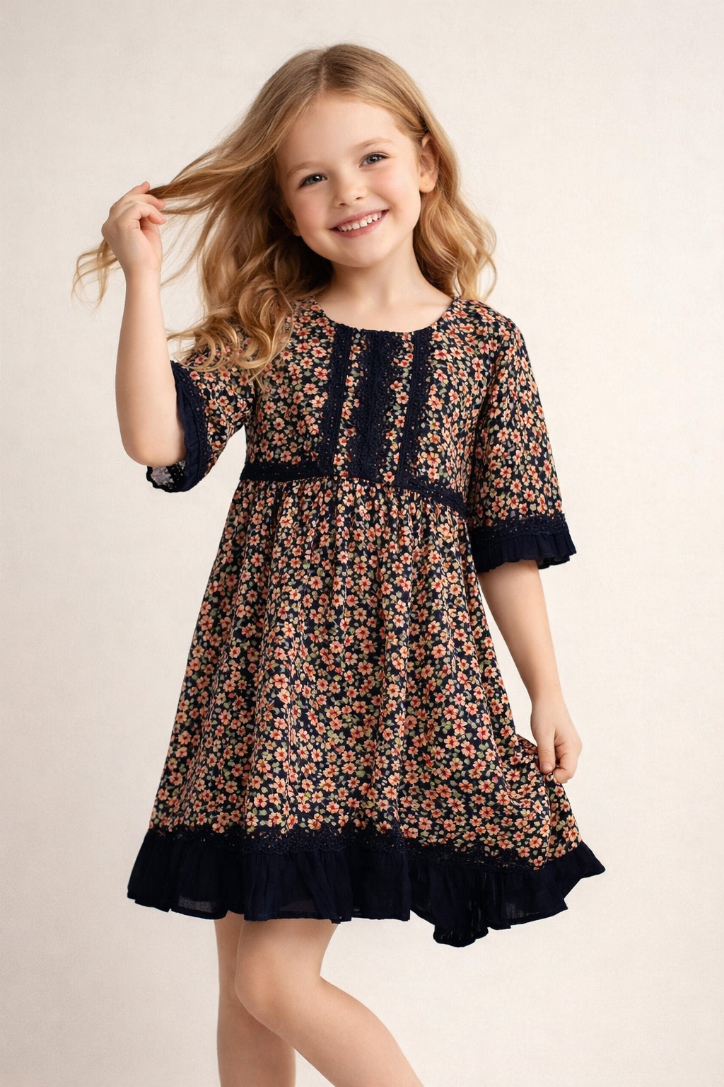 Cotton Printed Frock 1137 Navy Blue