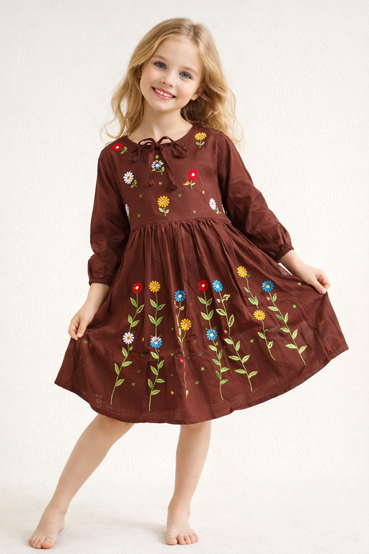 Cotton Embroidery Frock 1138 Brown