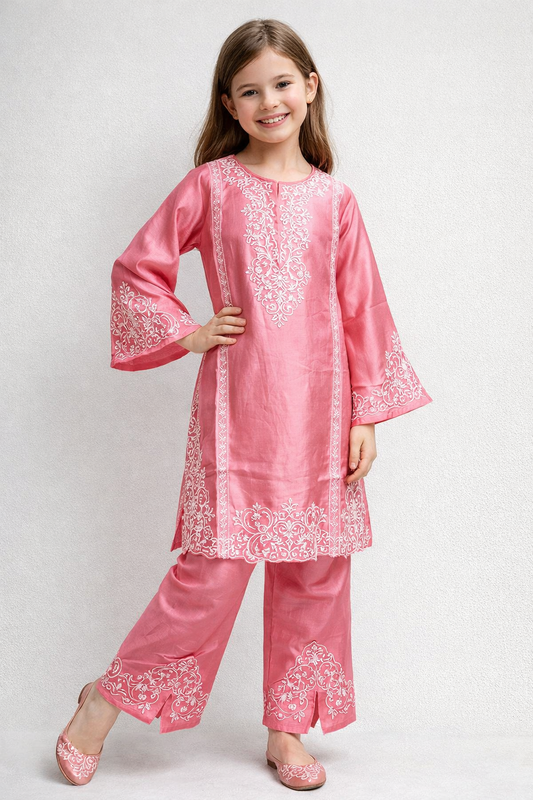 Cotton Embroidery Kurti Set 1493 Pink