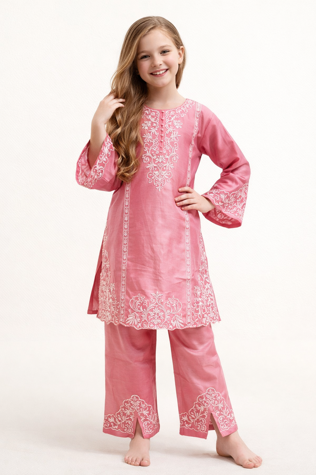 Cotton Embroidery Kurti Set 1493 Pink