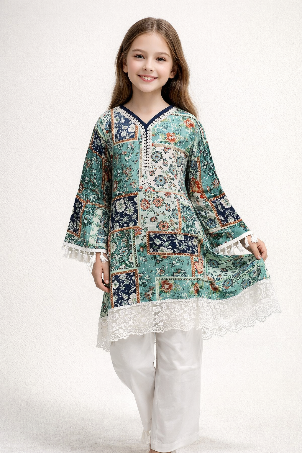 Cotton Printed Lace Work Kurti Set 1495 Green