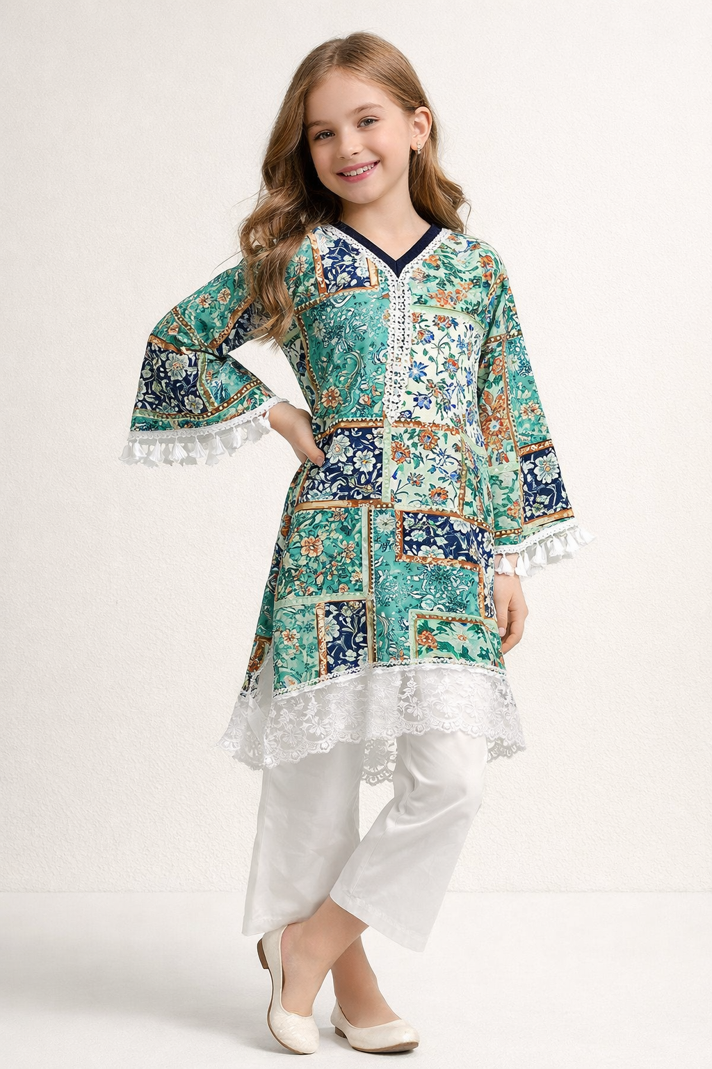Cotton Printed Lace Work Kurti Set 1495 Green