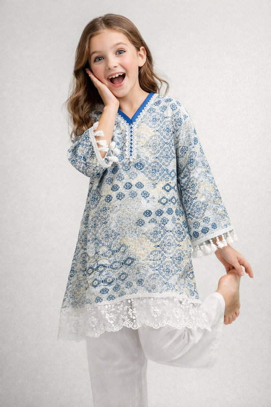 Cotton Printed Lace Work Kurti Set 1496 Blue