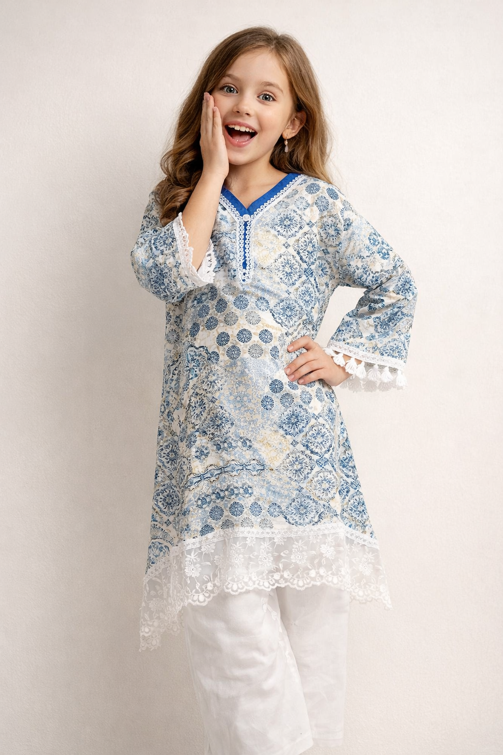 Cotton Printed Lace Work Kurti Set 1496 Blue