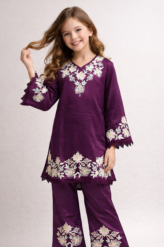 Cotton Embroidery Kurti Set 1499 Purple
