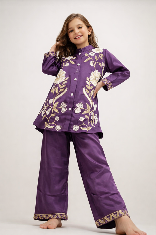 Cotton Embroidery Kurti Set 1500 Purple