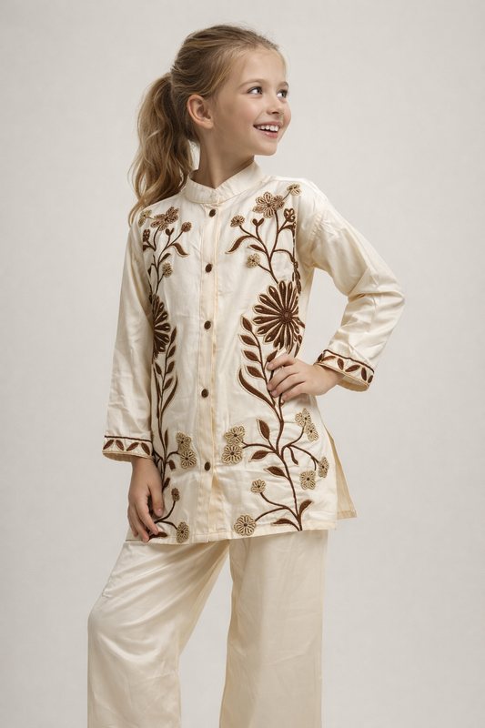 Cotton Embroidery Kurti Set 1501 Cream