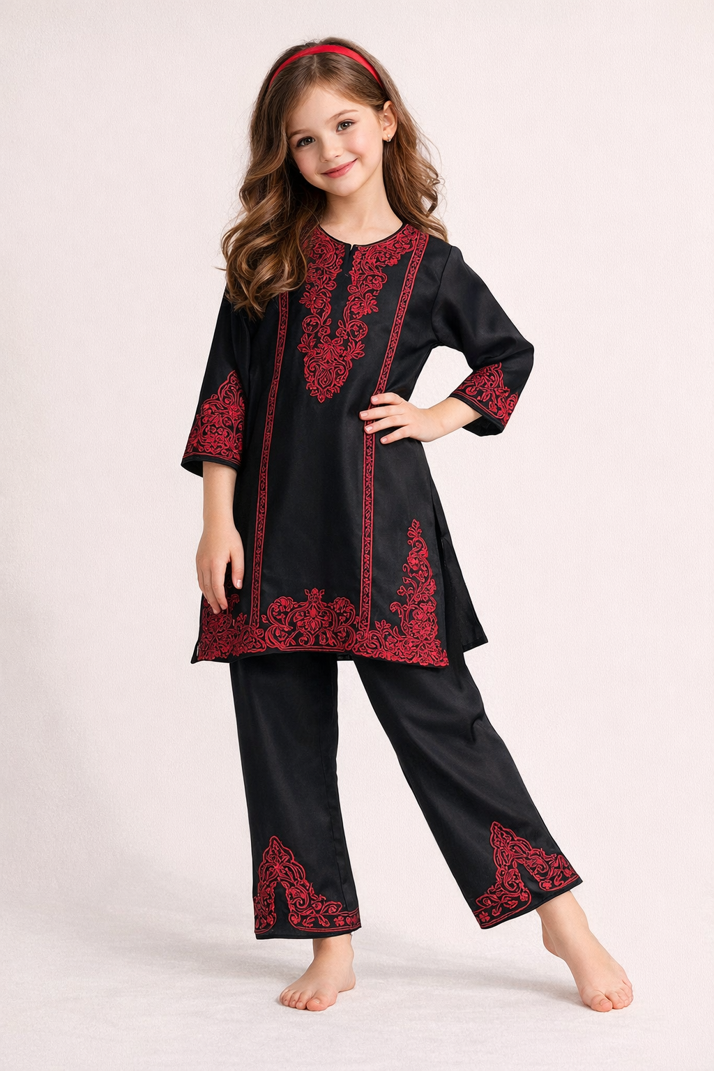 Cotton Embroidery Boot Cut Pant Set 1657 Black