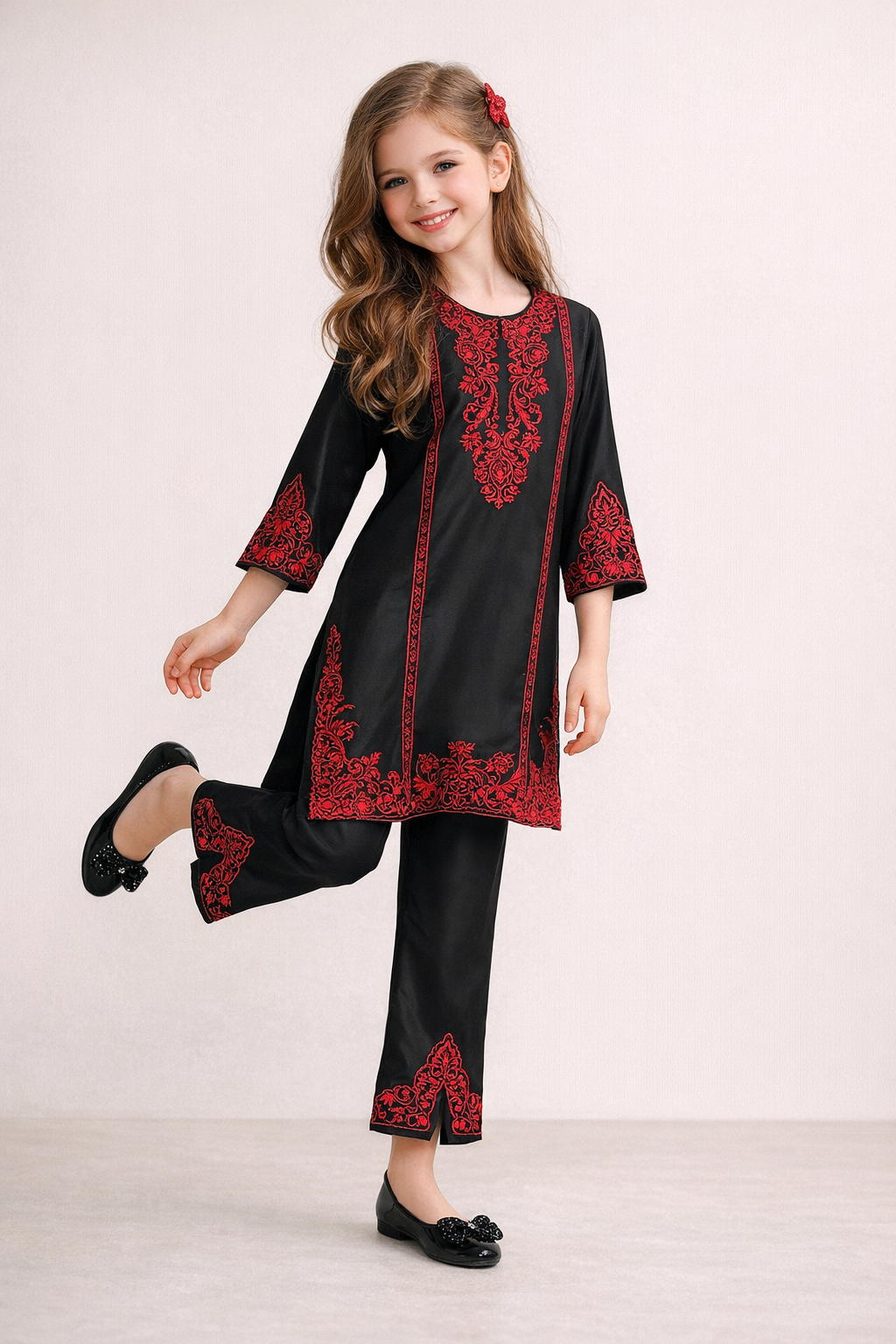 Cotton Embroidery Boot Cut Pant Set 1657 Black