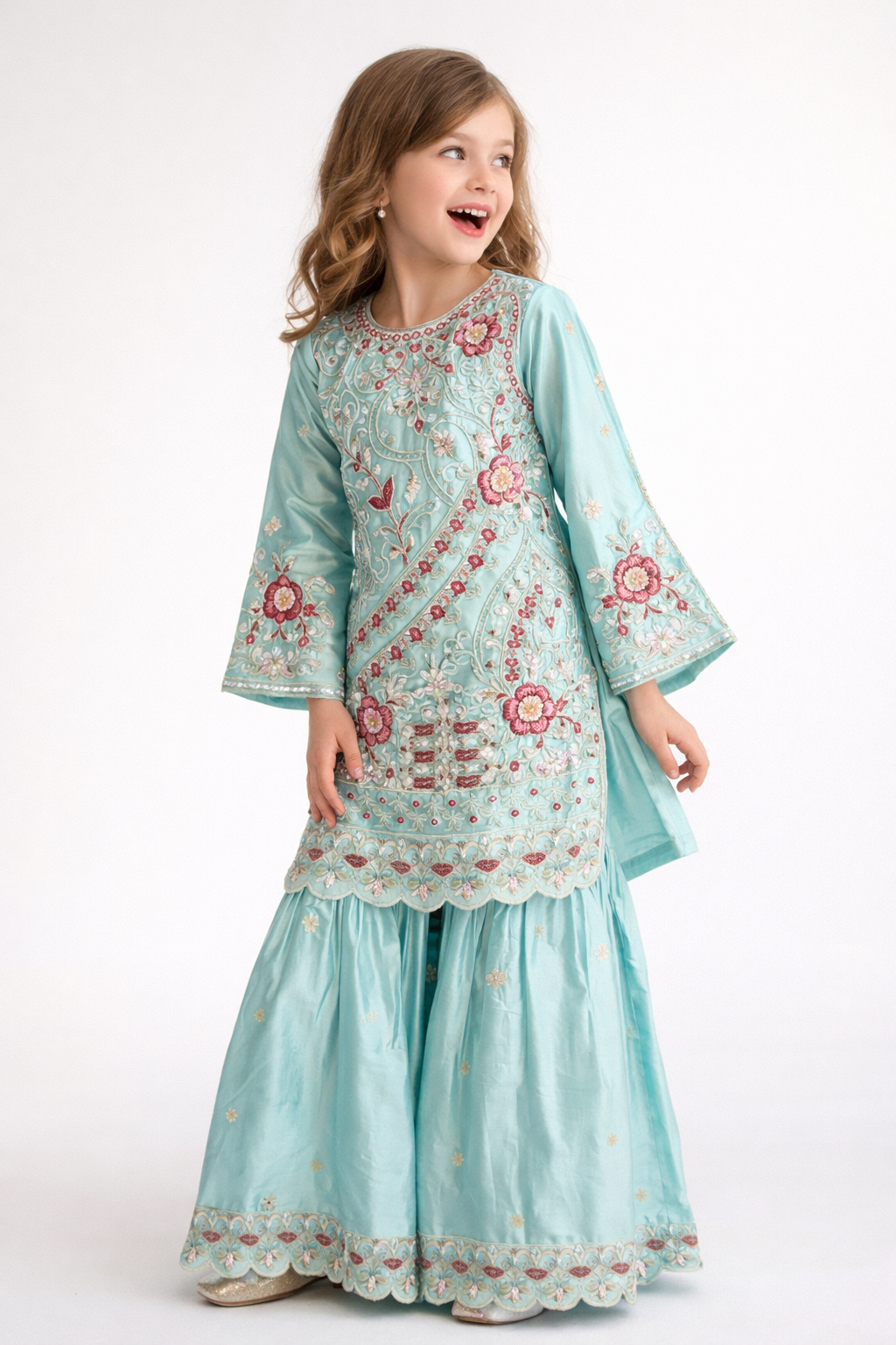 Satin Embroidery Gharara Set 5448 Sky Blue