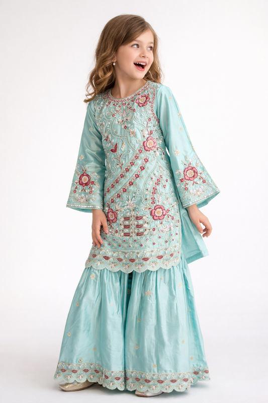 Satin Embroidery Gharara Set 5448 Sky Blue