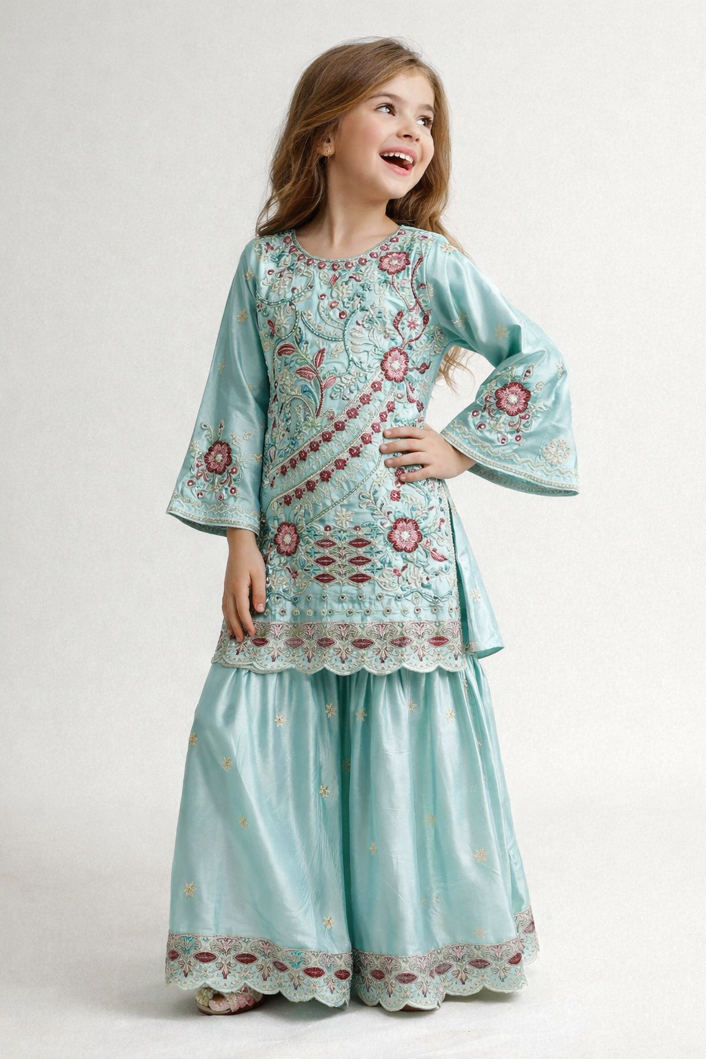 Satin Embroidery Gharara Set 5448 Sky Blue