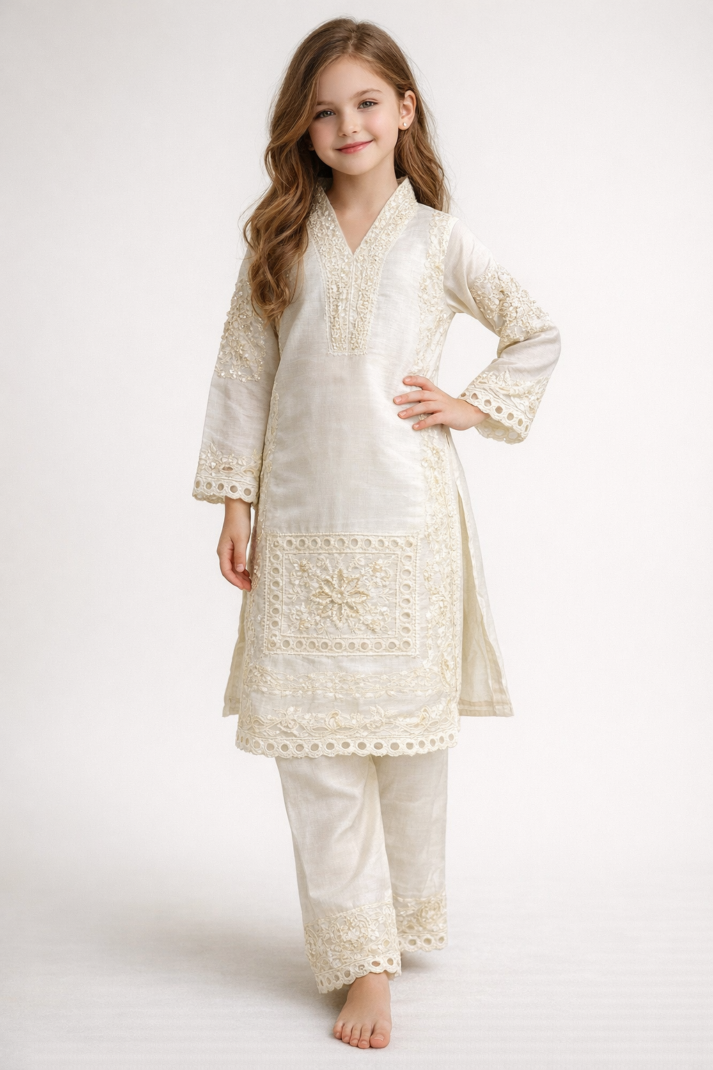 Cotton Cut Work Kurti Set 4844 White