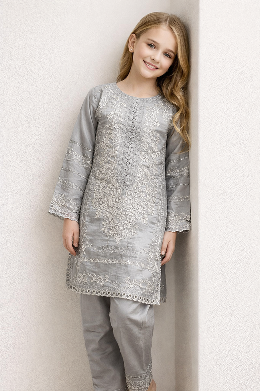 Cotton Embroidery Cut Work Kurti set 1429 Grey