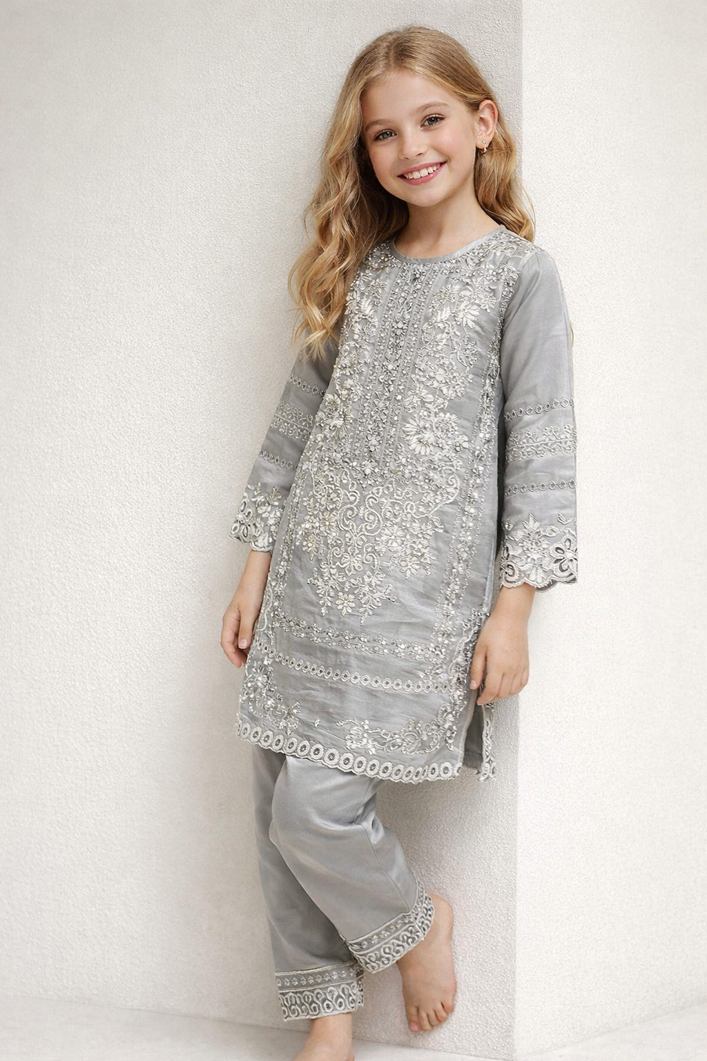 Cotton Embroidery Cut Work Kurti set 1429 Grey