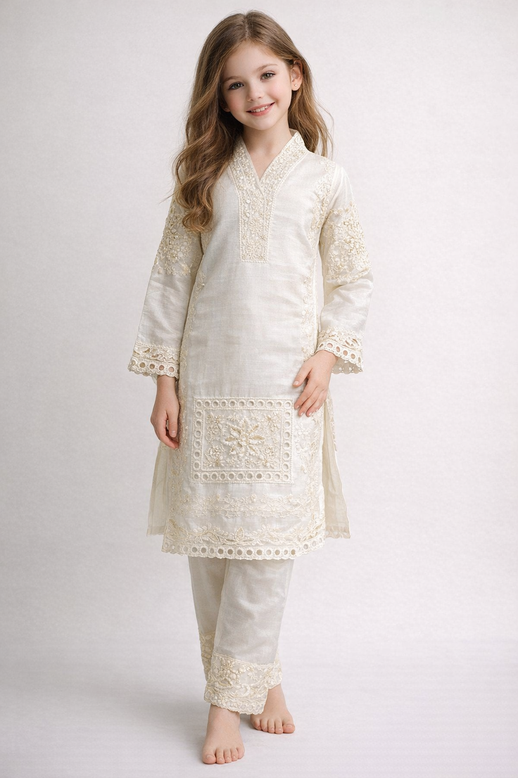 Cotton Cut Work Kurti Set 4844 White