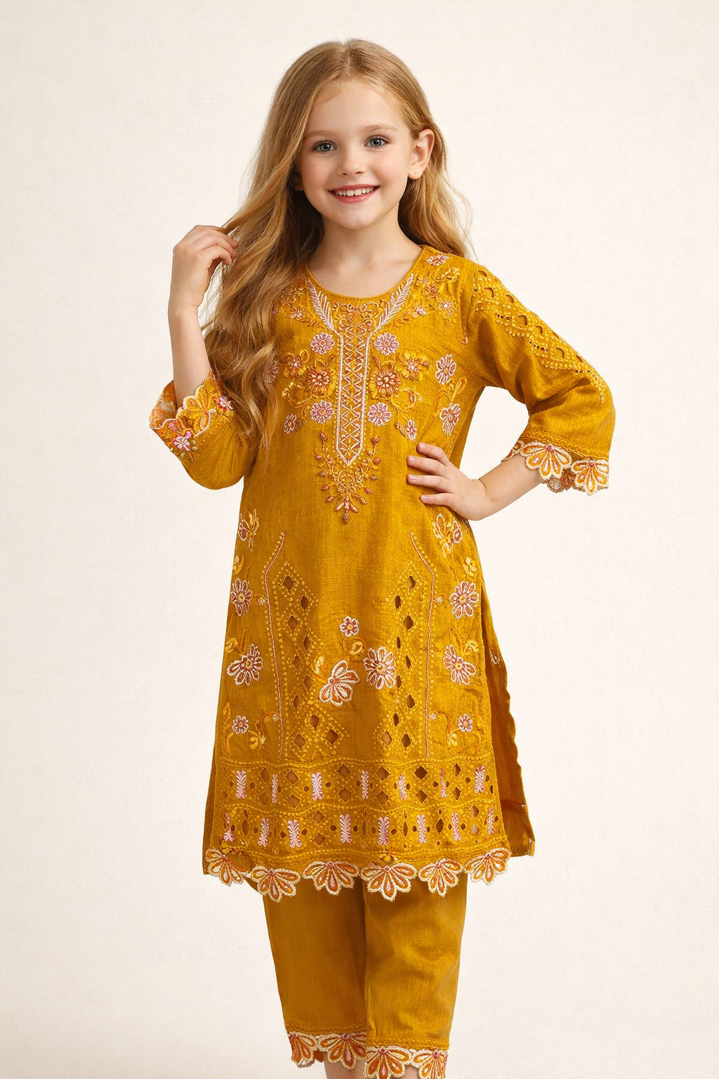 Cotton Embroidery Cut Work Kurti Set 1419 Yellow