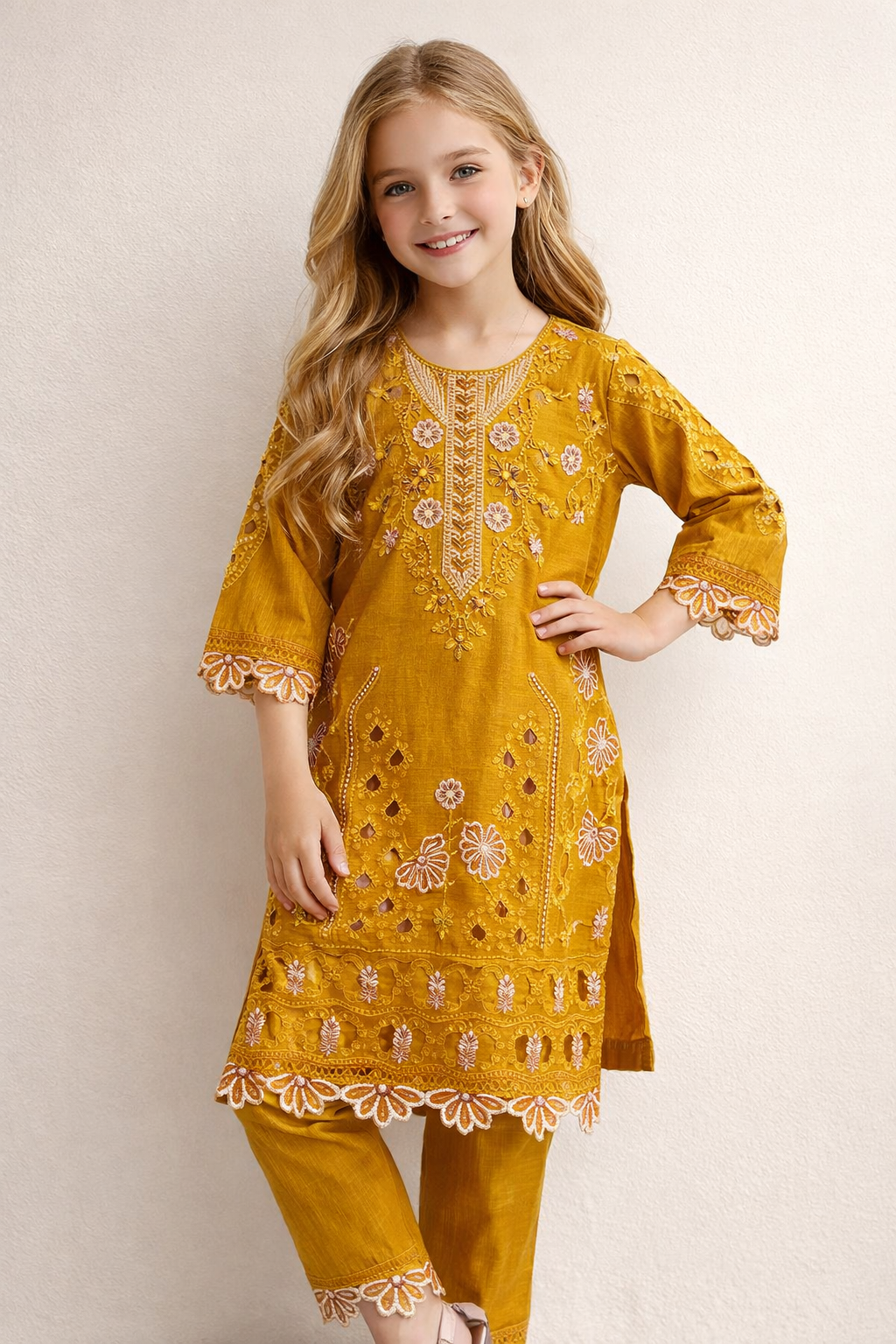 Cotton Embroidery Cut Work Kurti Set 1419 Yellow