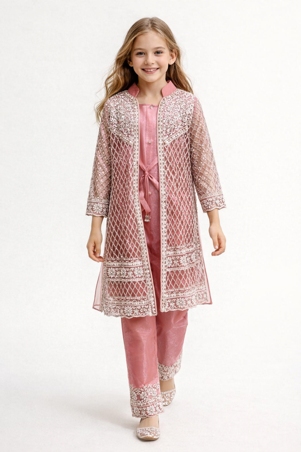 Net Fabric jacket Pant Set 4703 Pink