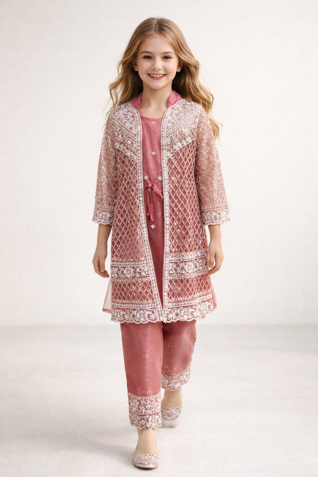 Net Fabric jacket Pant Set 4703 Pink