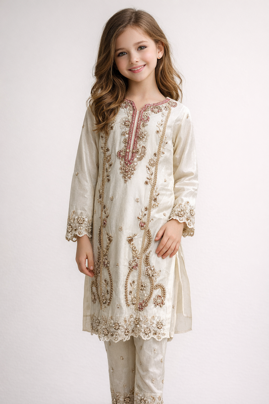 Georgette Hand work Kurti Set 5528 Cream