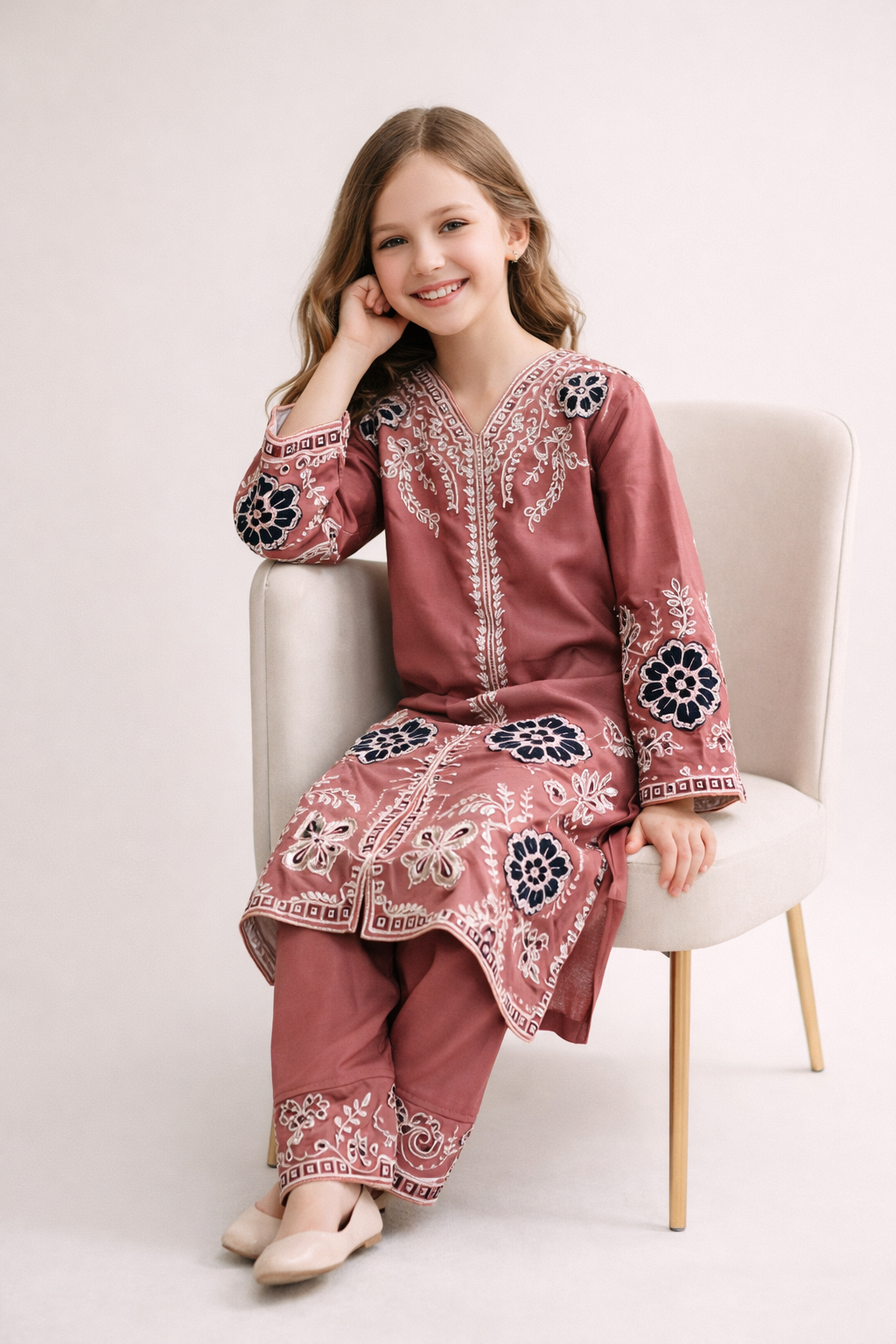 Cotton Embroidery Kurti Set 1426 Pink