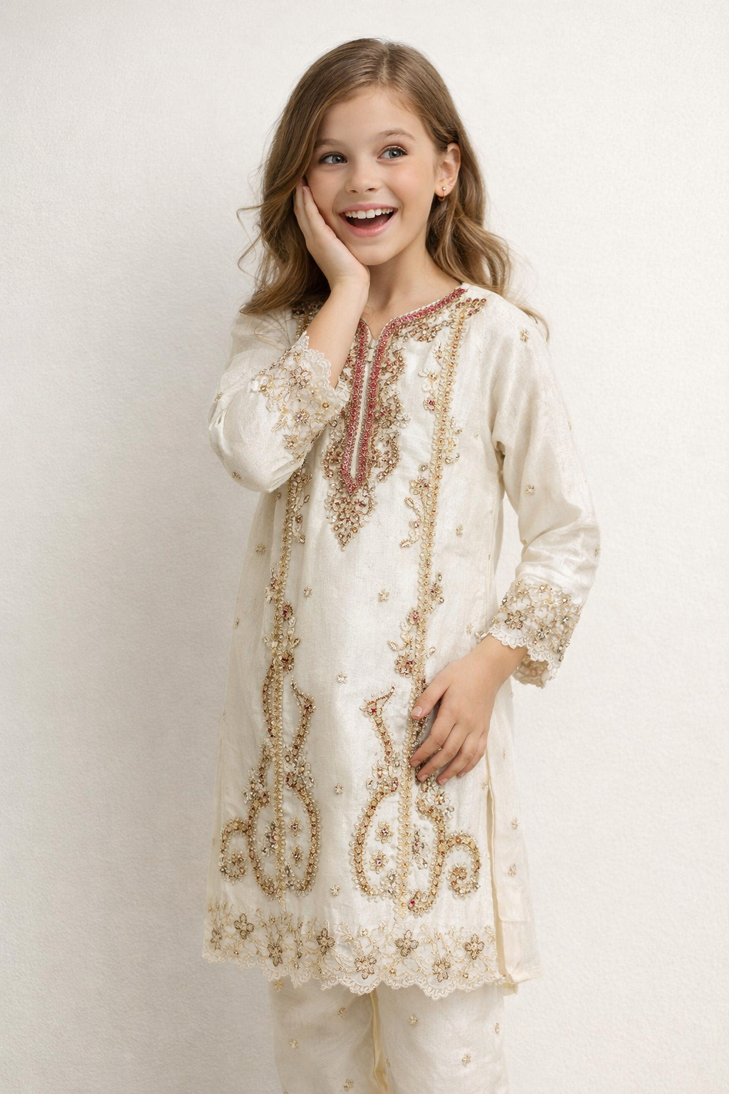 Georgette Hand work Kurti Set 5528 Cream