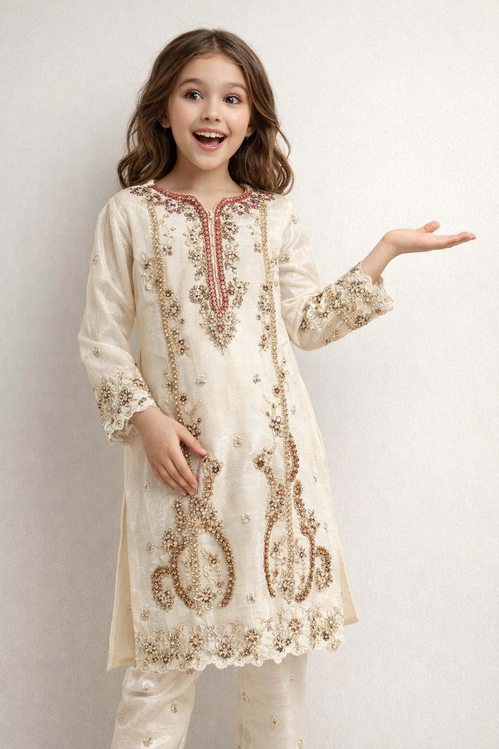 Georgette Hand work Kurti Set 5528 Cream