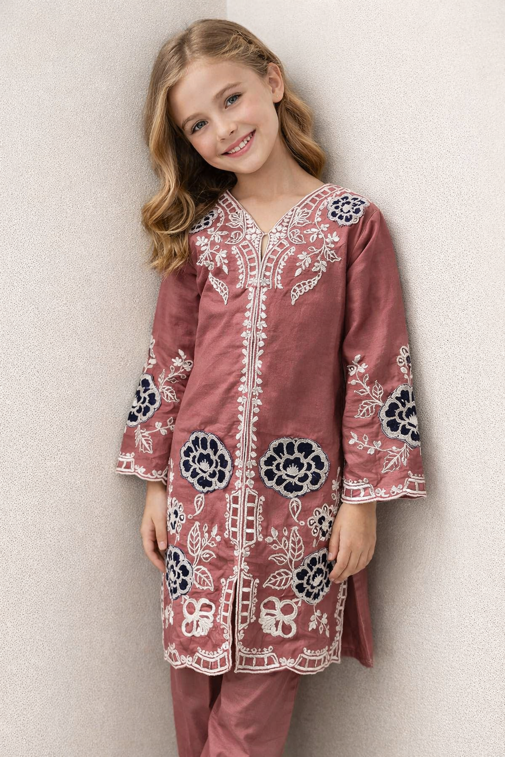 Cotton Embroidery Kurti Set 1426 Pink