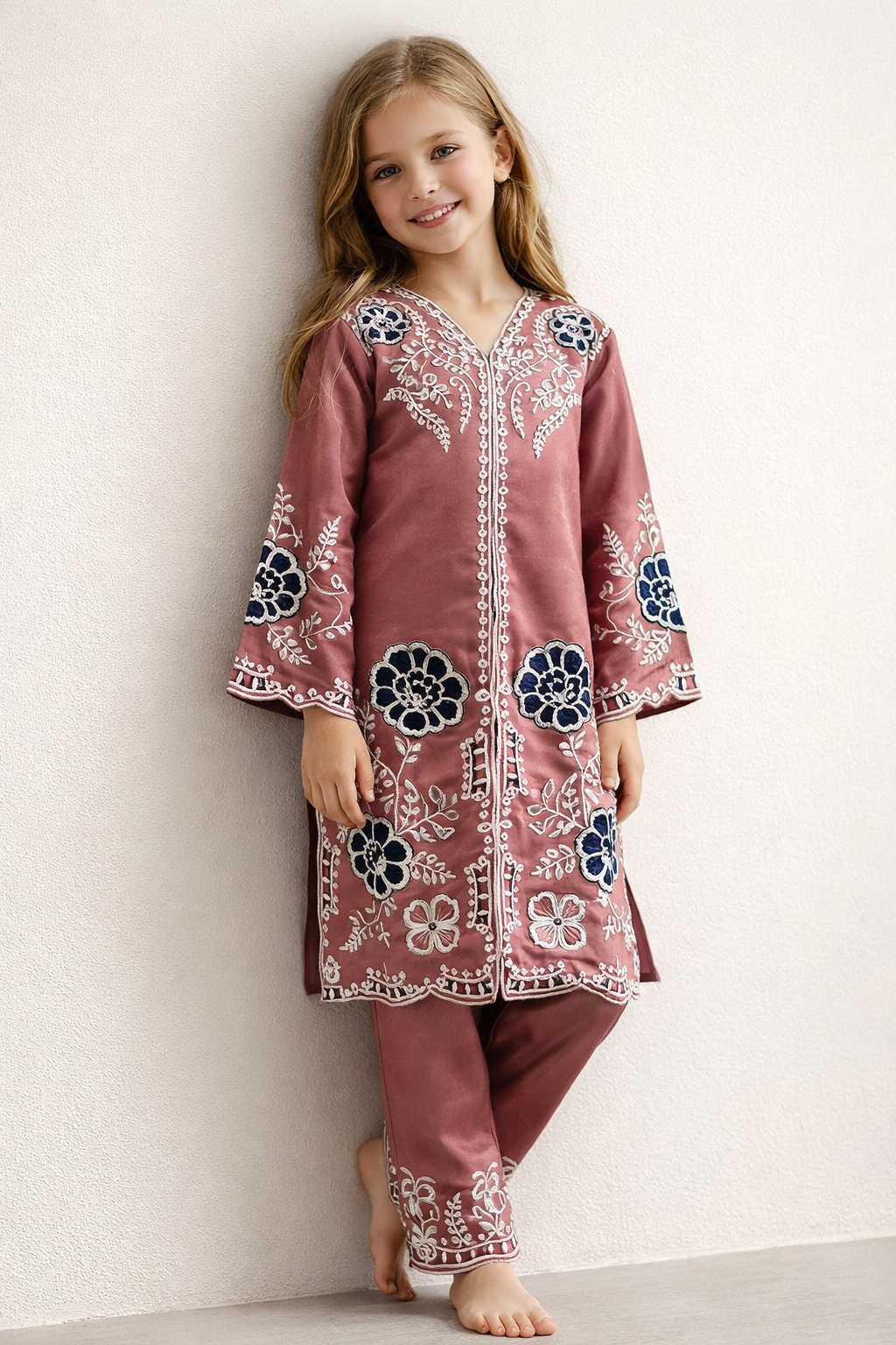 Cotton Embroidery Kurti Set 1426 Pink