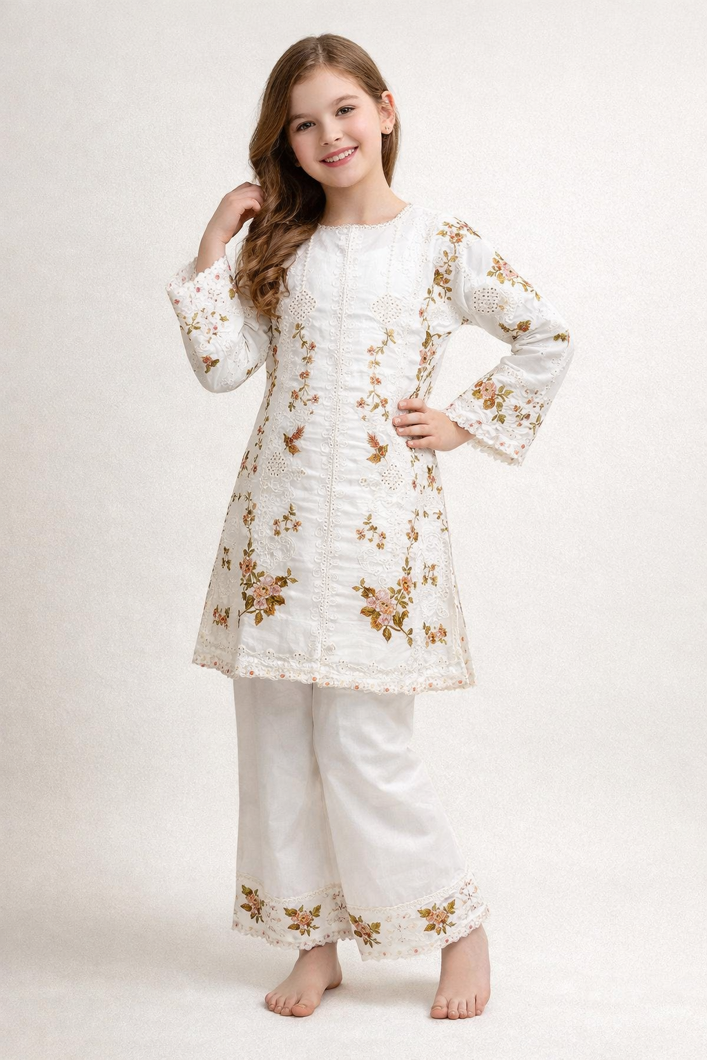 Cotton Embroidery Bell Bottom Set 1428 White