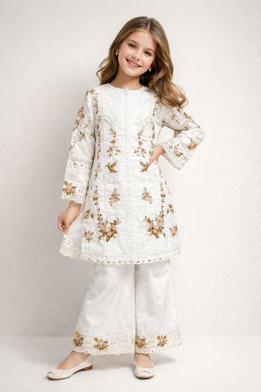Cotton Embroidery Bell Bottom Set 1428 White