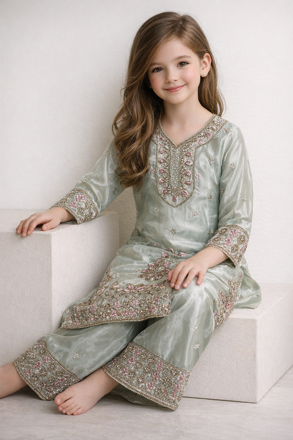 Georgette Hand Work Plazo Set 1654 Green