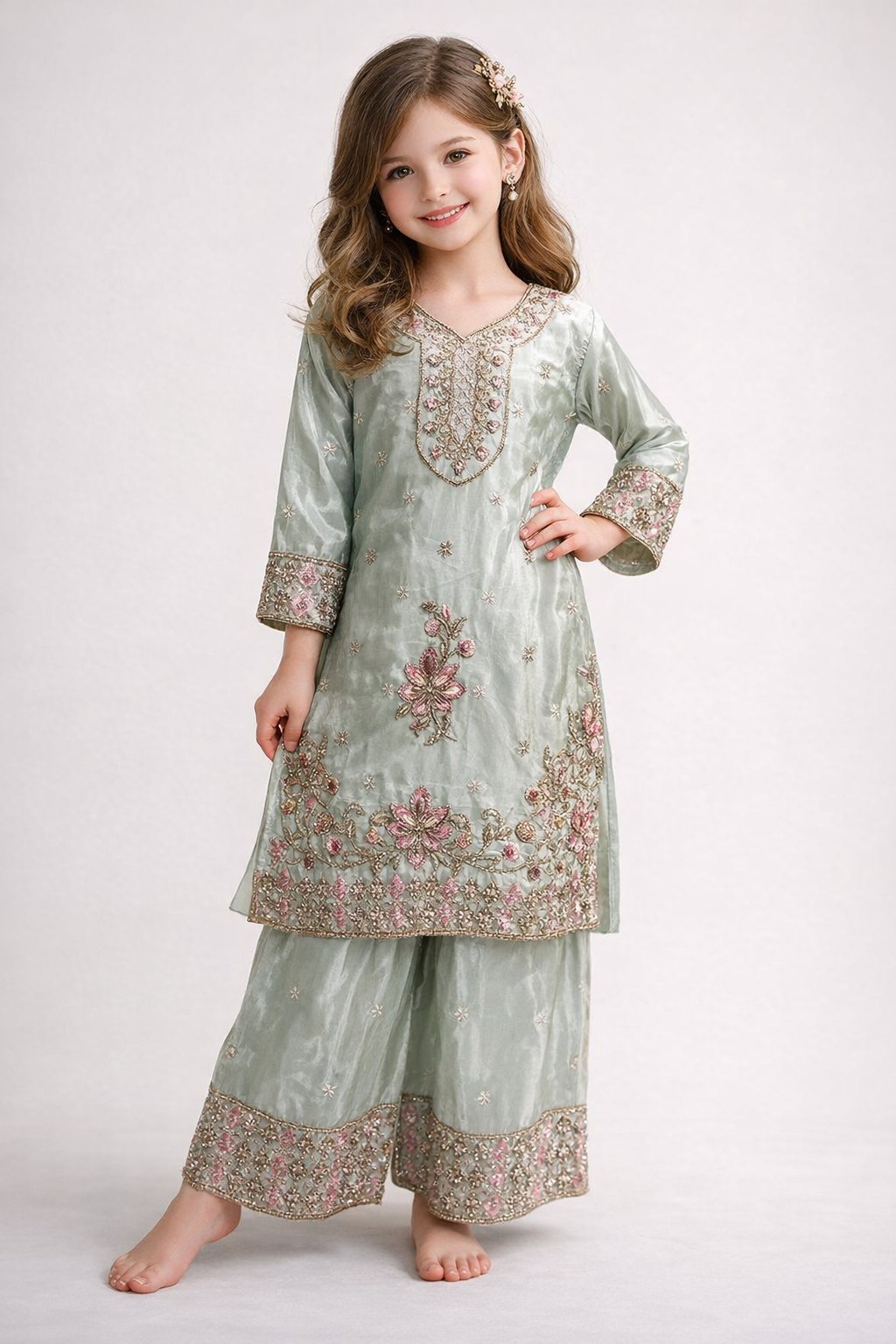 Georgette Hand Work Plazo Set 1654 Green