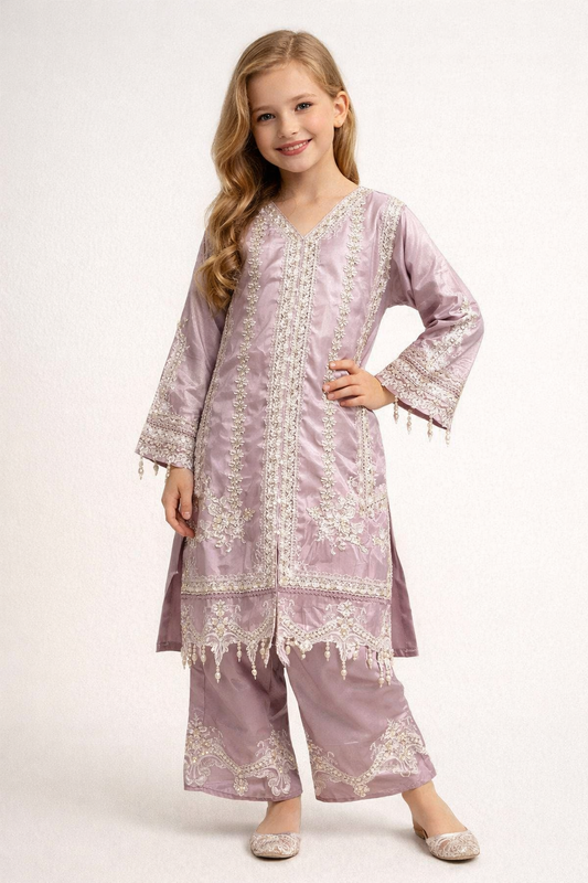 Satin Embroidery Kurti Set 1432 Purple