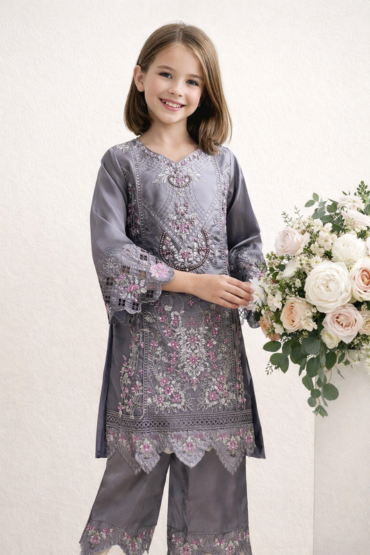 Satin Embroidery Kurti Set 1430 Grey