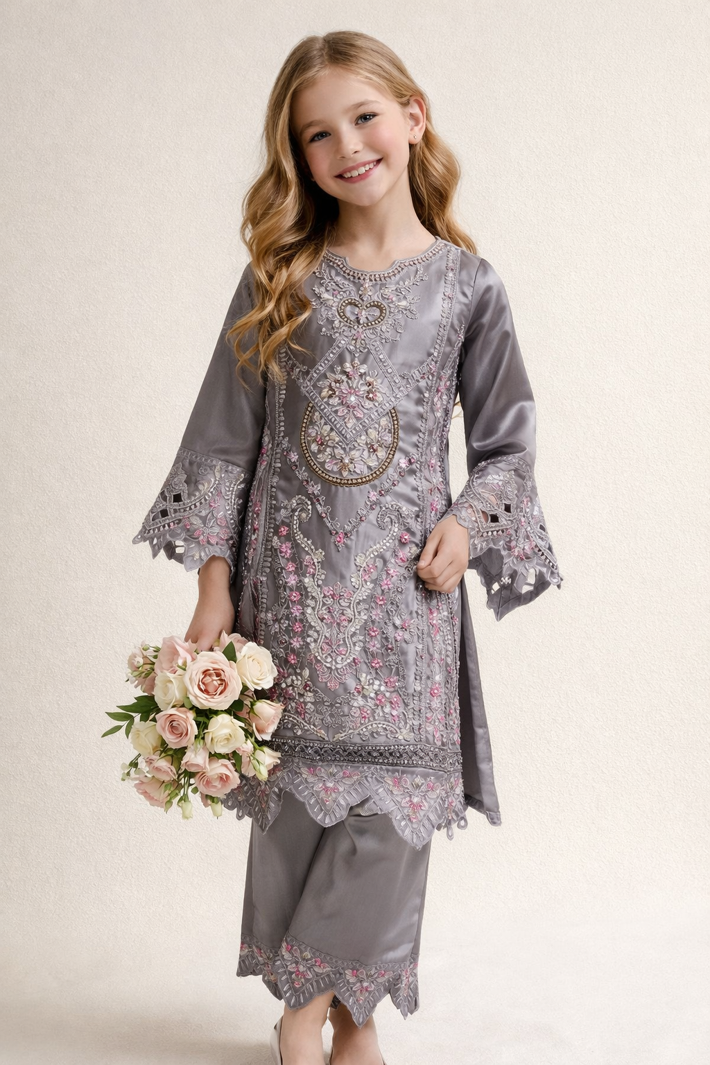 Satin Embroidery Kurti Set 1430 Grey