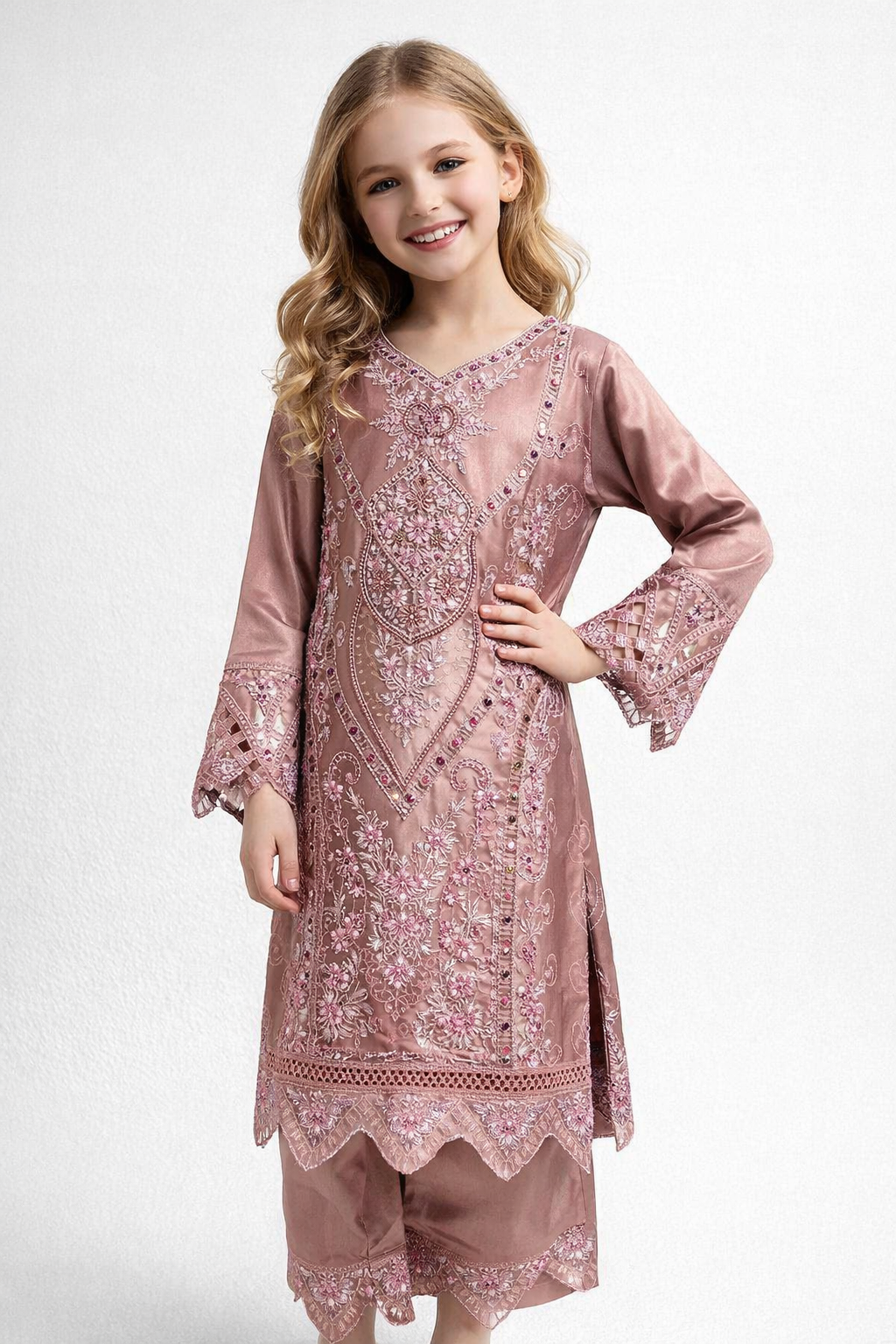 Satin Embroidery Kurti Set 1430 Pink