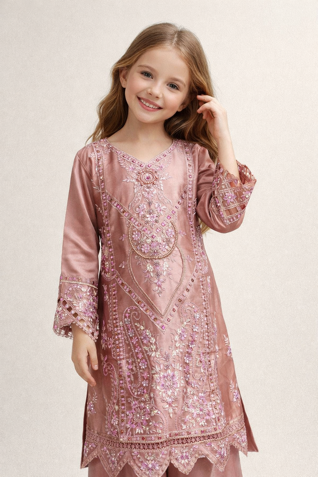 Satin Embroidery Kurti Set 1430 Pink