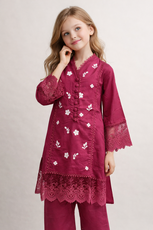 Cotton Embroidery Kurti Set 1512 Pink