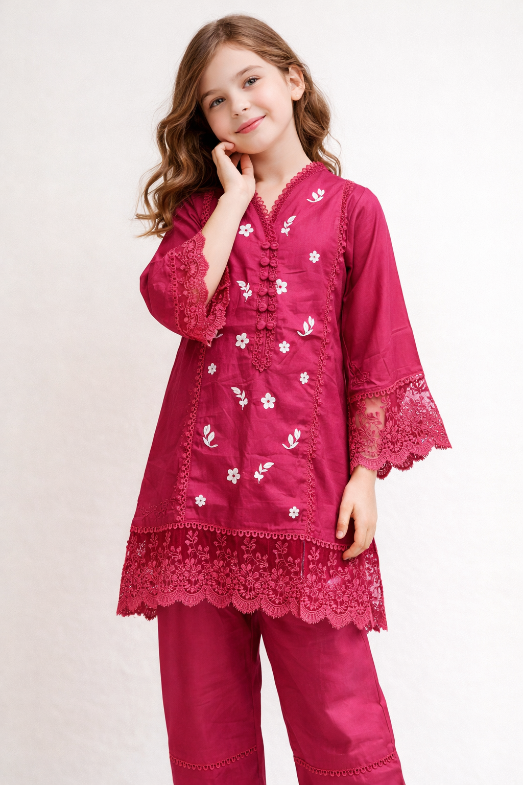 Cotton Embroidery Kurti Set 1512 Pink