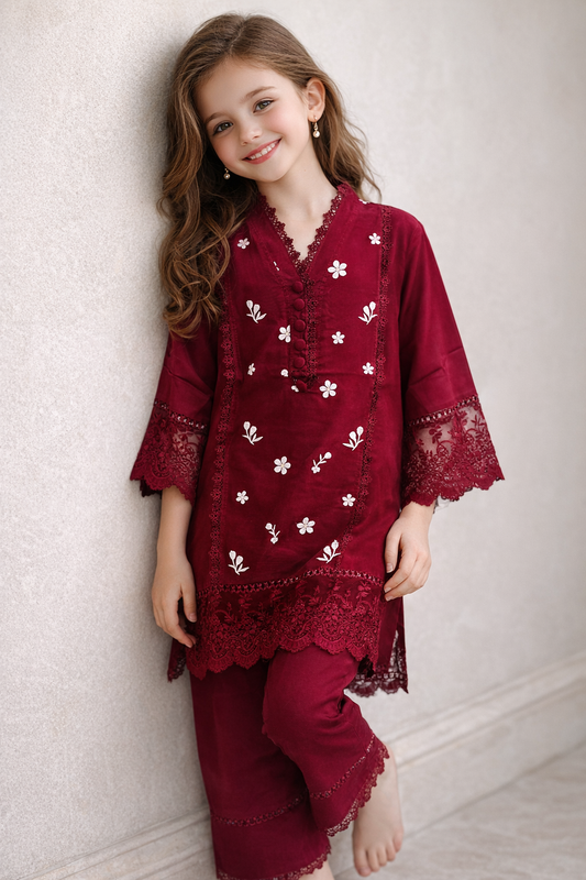Cotton Embroidery Kurti set 1513 Red