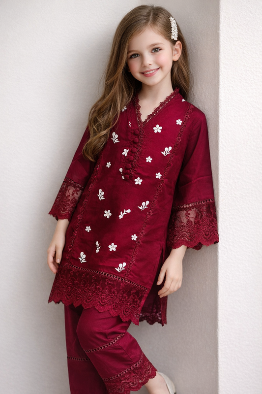Cotton Embroidery Kurti set 1513 Red