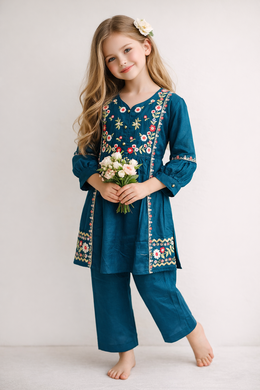 Cotton Embroidery Frock Pant Set 1517 Blue