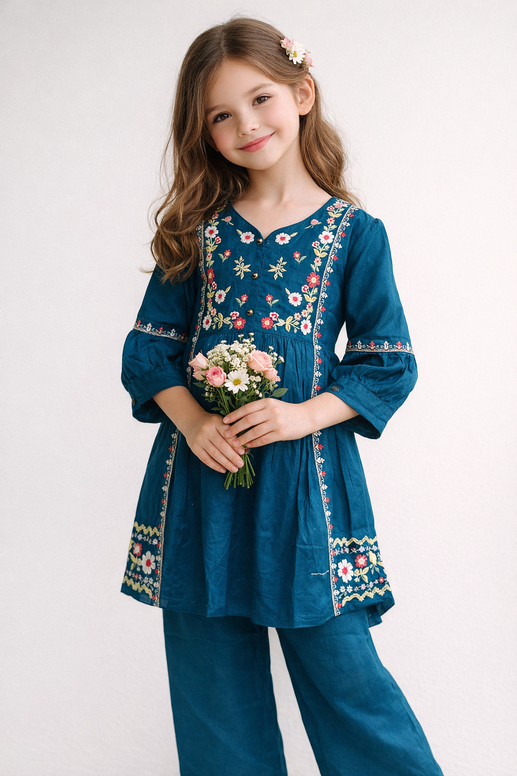 Cotton Embroidery Frock Pant Set 1517 Blue