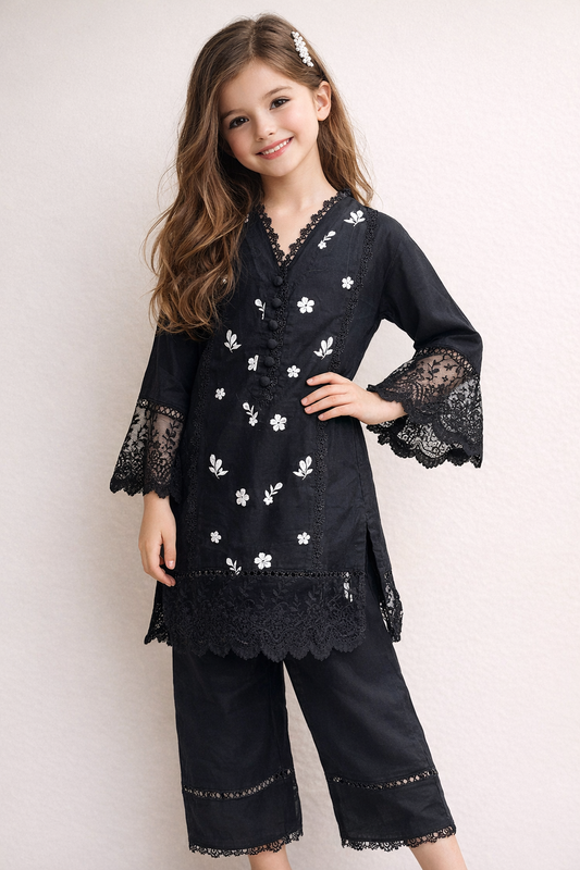 Cotton Embroidery Kurti Set 1518 Black