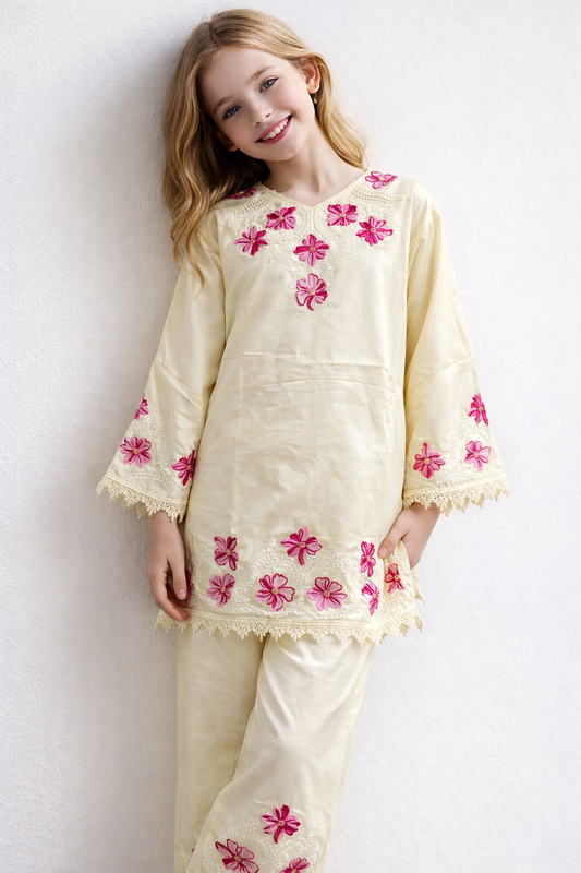 Cotton Embroidery Kurti Set 1520 Cream